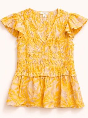 On 34th Yellow Tropical Smocked Peplum Blouse Size Large EUC